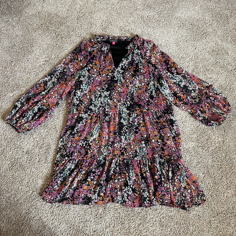 Vince Camuto Dress XXL Black Floral Chiffon Tiered Flowy Lined Notch Neck